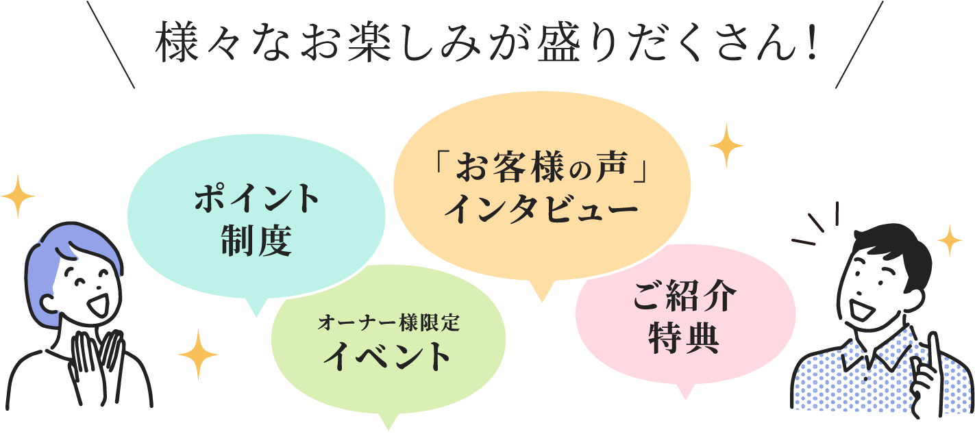 さまざまなお楽しみが盛りだくさん！ ポイント制度 「お客様の声」インタビュー オーナー様限定イベント ご紹介特典