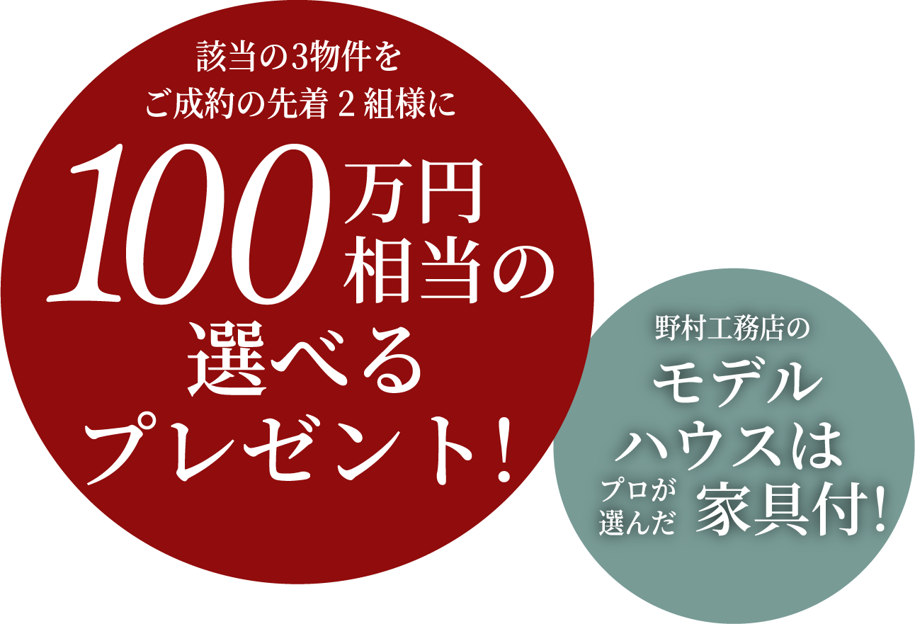 100万円相当の選べるプレゼント！モデルハウスはプロが選んだ家具付き！